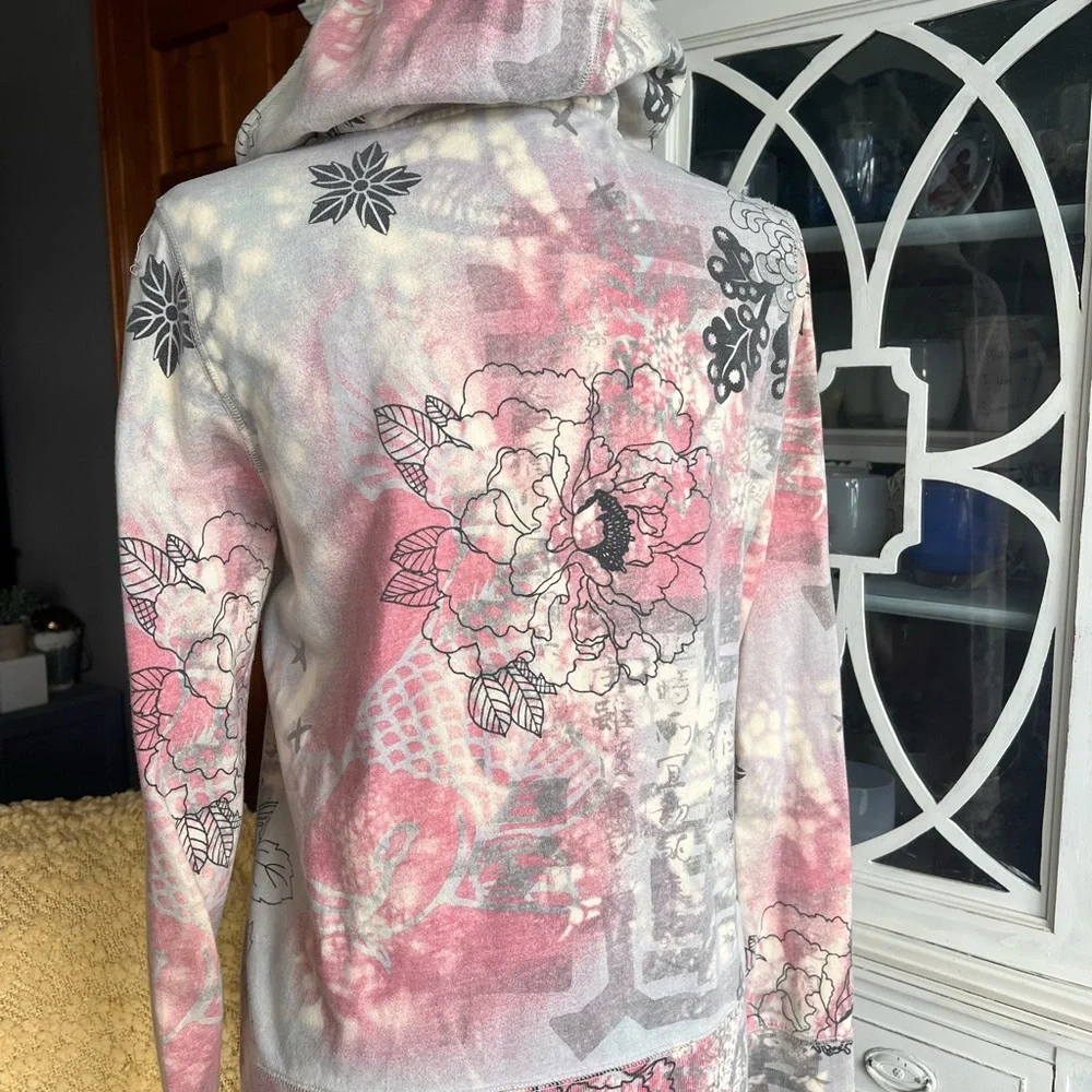 Lucky Brand Floral Zip-Up Hoodie - Pink and Gray Y2K vintage Sz M - Picture 2 of 6